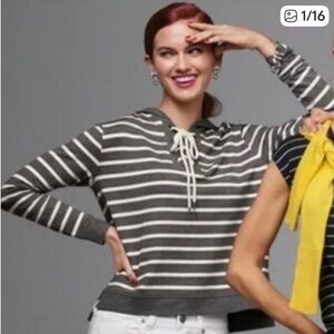 CAbi Charcoal and Ivory Striped Hooded Top